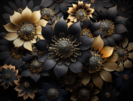 Fantasy dark black and golden plants and glowing flowers Full frame background top view close upの素材