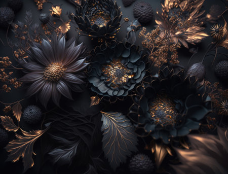 Fantasy dark black and golden plants and glowing flowers Full frame background top view close upの素材