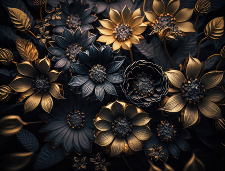 Fantasy dark black and golden plants and glowing flowers Full frame background top view close upの素材
