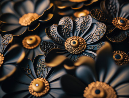 Fantasy dark black and golden plants and glowing flowers Full frame background top view close upの素材