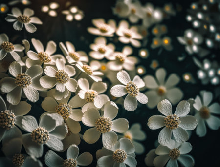Fantasy plants and glowing white flowers Full frame background top view close upの素材
