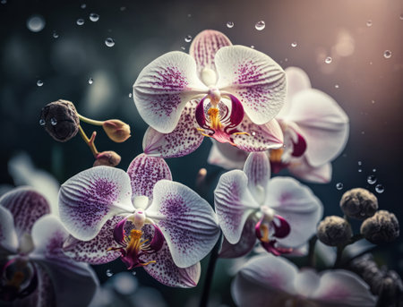 Fantasy orchid plants and glowing flowers background close upの素材