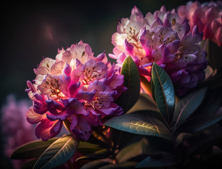 Fantasy rhododendron plants and glowing flowers background close upの素材