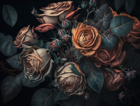 Fantasy roses plants and glowing flowers background close upの素材
