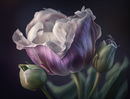 Fantasy lilac plants and glowing flowers background close upの素材