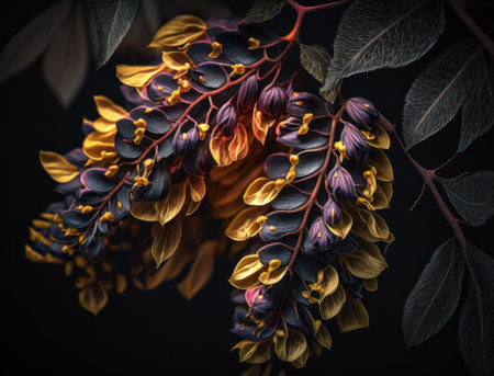 Fantasy Visteria plants and glowing flowers background close upの素材