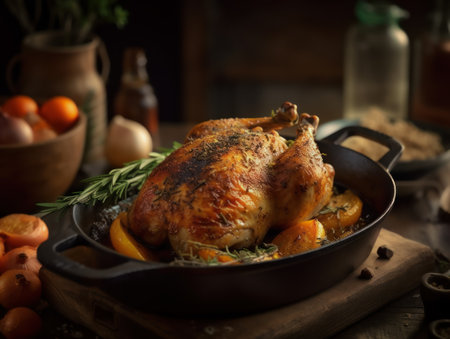 Baked chicken in a rustic kitchen Food photographyの素材