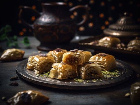Baklava in a rustic kitchen Food photographyの素材