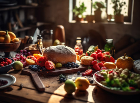 Balanced diet food in a rustic kitchen Food photographyの素材