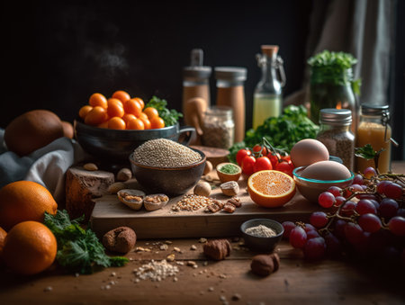 Balanced diet food in a rustic kitchen Food photographyの素材