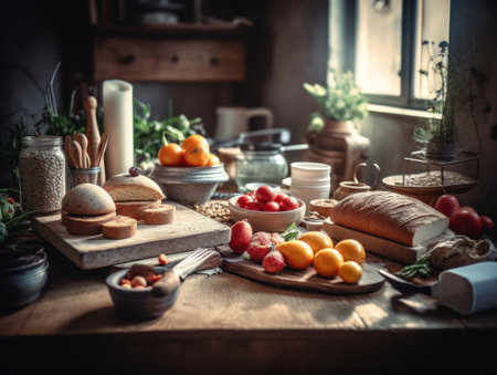 Balanced diet food in a rustic kitchen Food photographyの素材