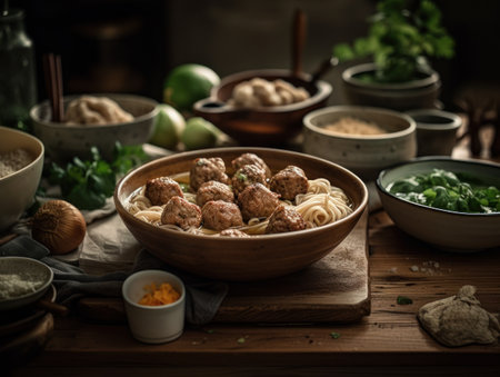Bakso in a rustic kitchen Food photographyの素材