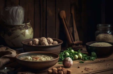 Bakso in a rustic kitchen Food photographyの素材
