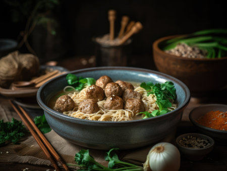 Bakso in a rustic kitchen Food photographyの素材