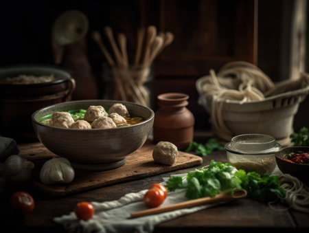 Bakso in a rustic kitchen Food photographyの素材