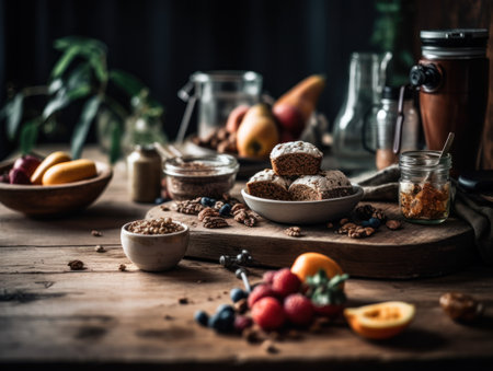 Balanced diet food in a rustic kitchen Food photographyの素材