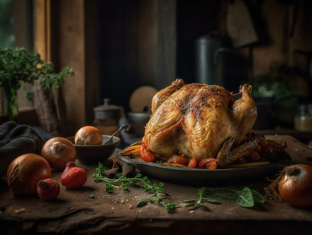 Baked chicken in a rustic kitchen Food photographyの素材