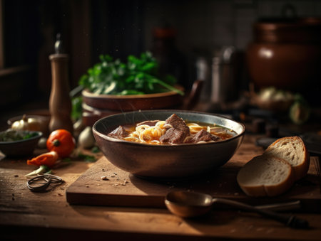 Beef Noodle Soup in a rustic kitchen Food photographyの素材