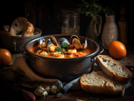 Bouillabaisse in a rustic kitchen Food photographyの素材