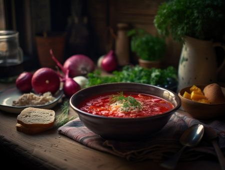 Borsch in a rustic kitchen Food photographyの素材