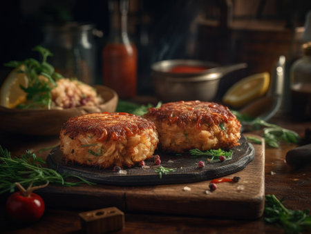 Crab Cakes in a rustic kitchen Food photographyの素材