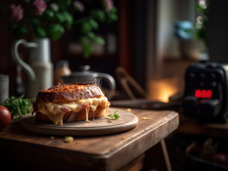 Croque Monsieur in a rustic kitchen Food photographyの素材