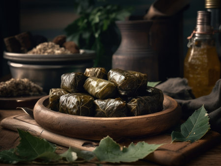 Dolmades in a rustic kitchen Food photographyの素材
