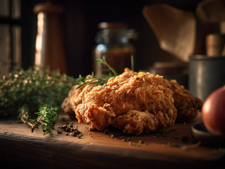 Fried Chicken in a rustic kitchen Food photographyの素材