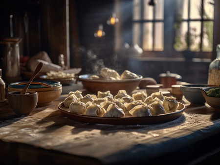 Dumplings in a rustic kitchen Food photographyの素材