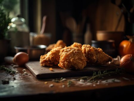 Fried Chicken in a rustic kitchen Food photographyの素材