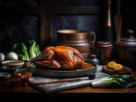 Peking Duck in a rustic kitchen Food photographyの素材