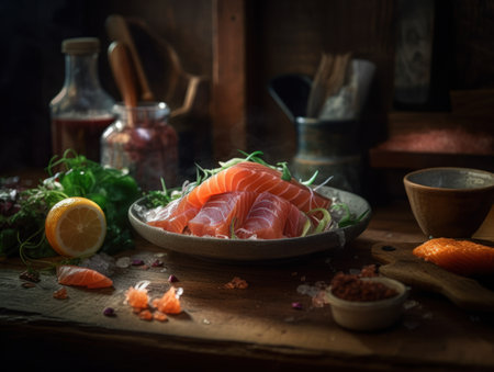 Sashimi in a rustic kitchen Food photographyの素材