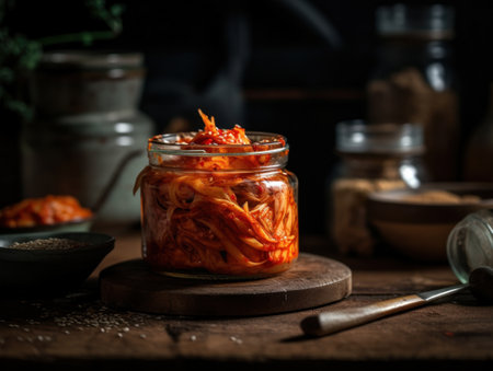 Kimchi in a rustic kitchen Food photographyの素材