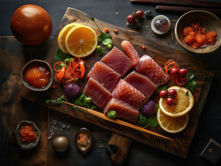 Sashimi in a rustic kitchen Food photographyの素材