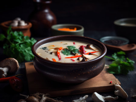 Tom Kha Gai soup in a rustic kitchen Food photographyの素材