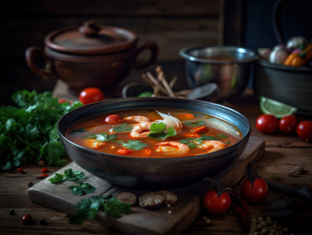 Tom Yum Soup in a rustic kitchen Food photographyの素材