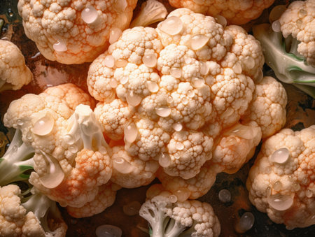 Fresh cauliflower with water drops Close upの素材