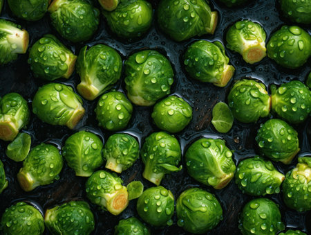 Fresh Brussels sprouts with water drops Close upの素材