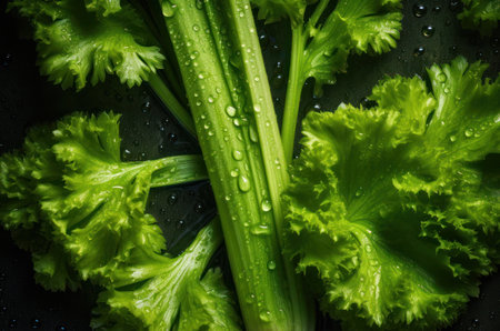 Fresh celery with water drops Close upの素材