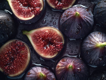 Fresh fig with water drops Close up Full frame background top viewの素材