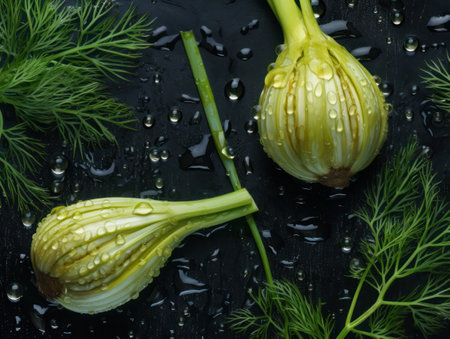 Fresh fennel with water drops Close up Full frame background top viewの素材