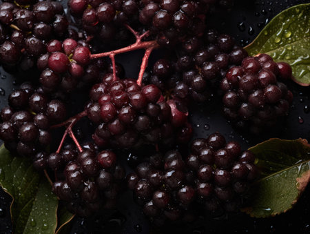 Fresh elderberry with water drops Close up Full frame background top viewの素材