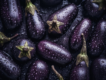 Fresh eggplant with water drops Close up Full frame background top viewの素材