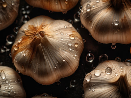 Fresh garlic with water drops Close up Full frame background top viewの素材