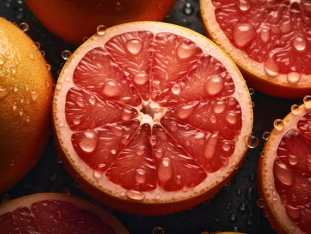 Fresh grapefruit with water drops Close up Full frame background top viewの素材