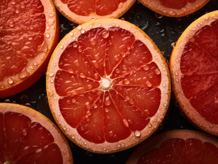 Fresh grapefruit with water drops Close up Full frame background top viewの素材