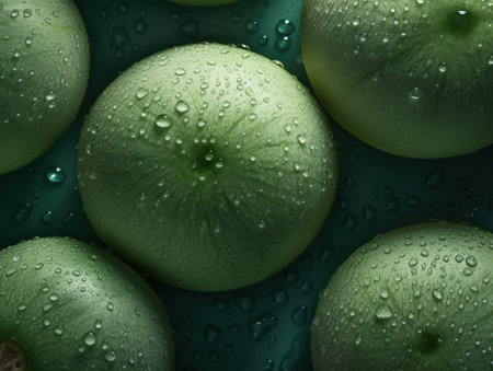 Fresh honeydew melon with water drops Close up Full frame background top viewの素材