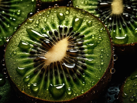 Fresh kiwi with water drops Close up Full frame background top viewの素材