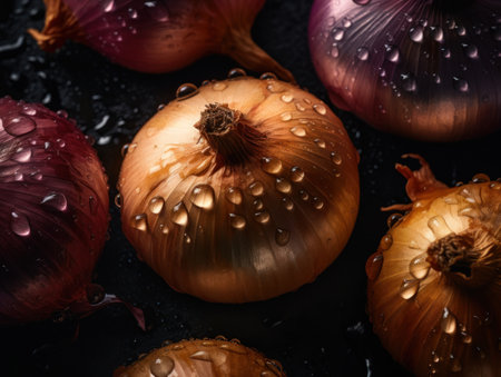 Fresh onion with water drops Close up Full frame background top viewの素材