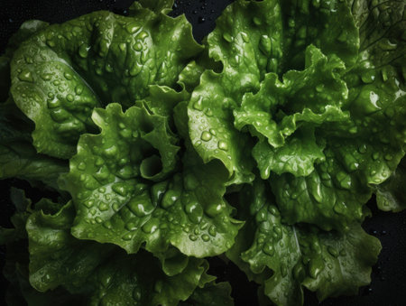 Fresh lettuce with water drops Close up Full frame background top viewの素材